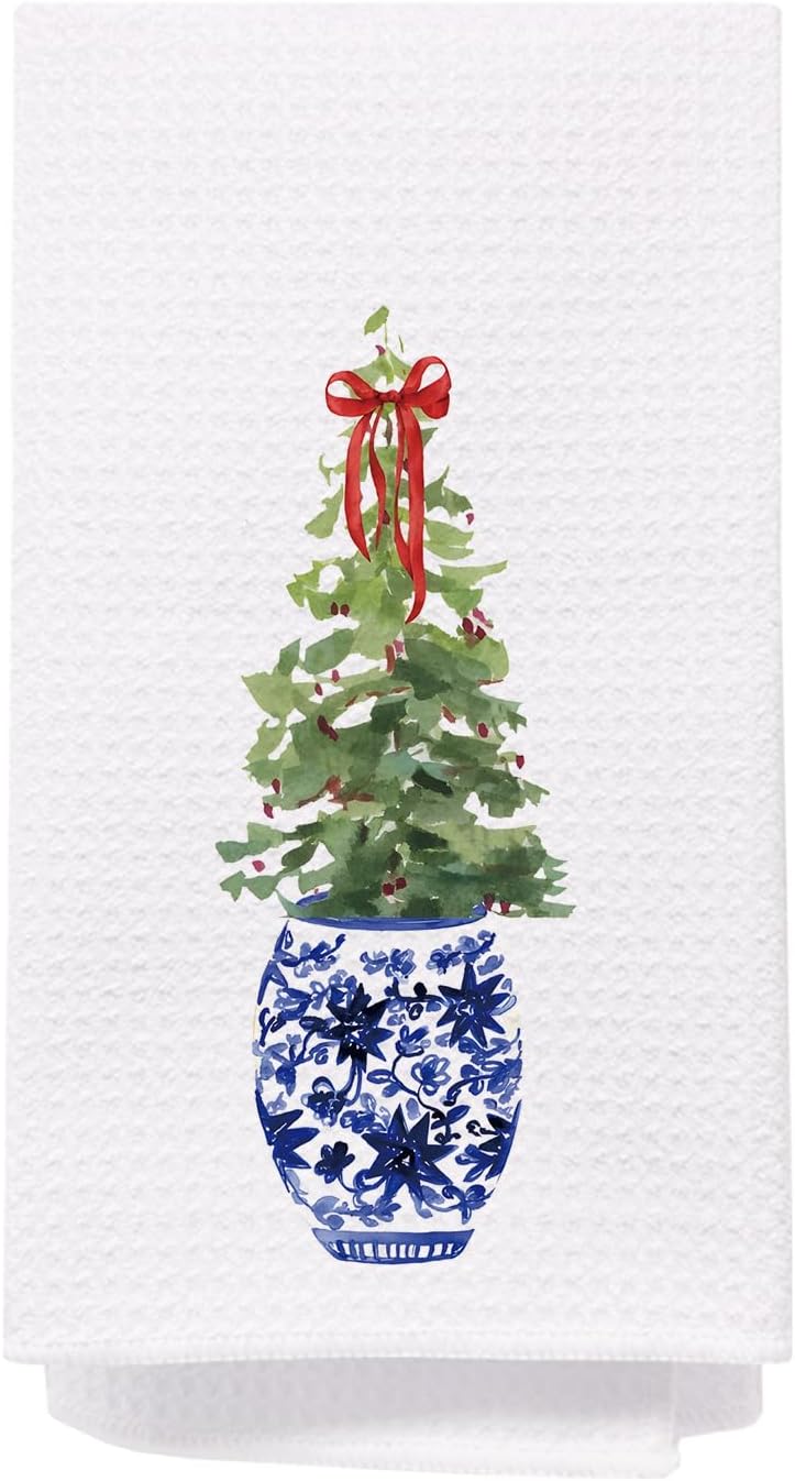 SPBL&L Christmas Kitchen & Bath Towels, Blue & White Chinoiserie Christmas Tree Hand Towels, 16x24 Inch - Image 1